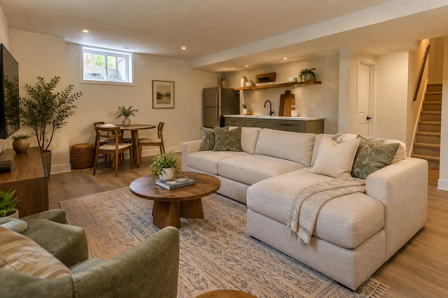 Illustrative finished basement living room with a kitchenette