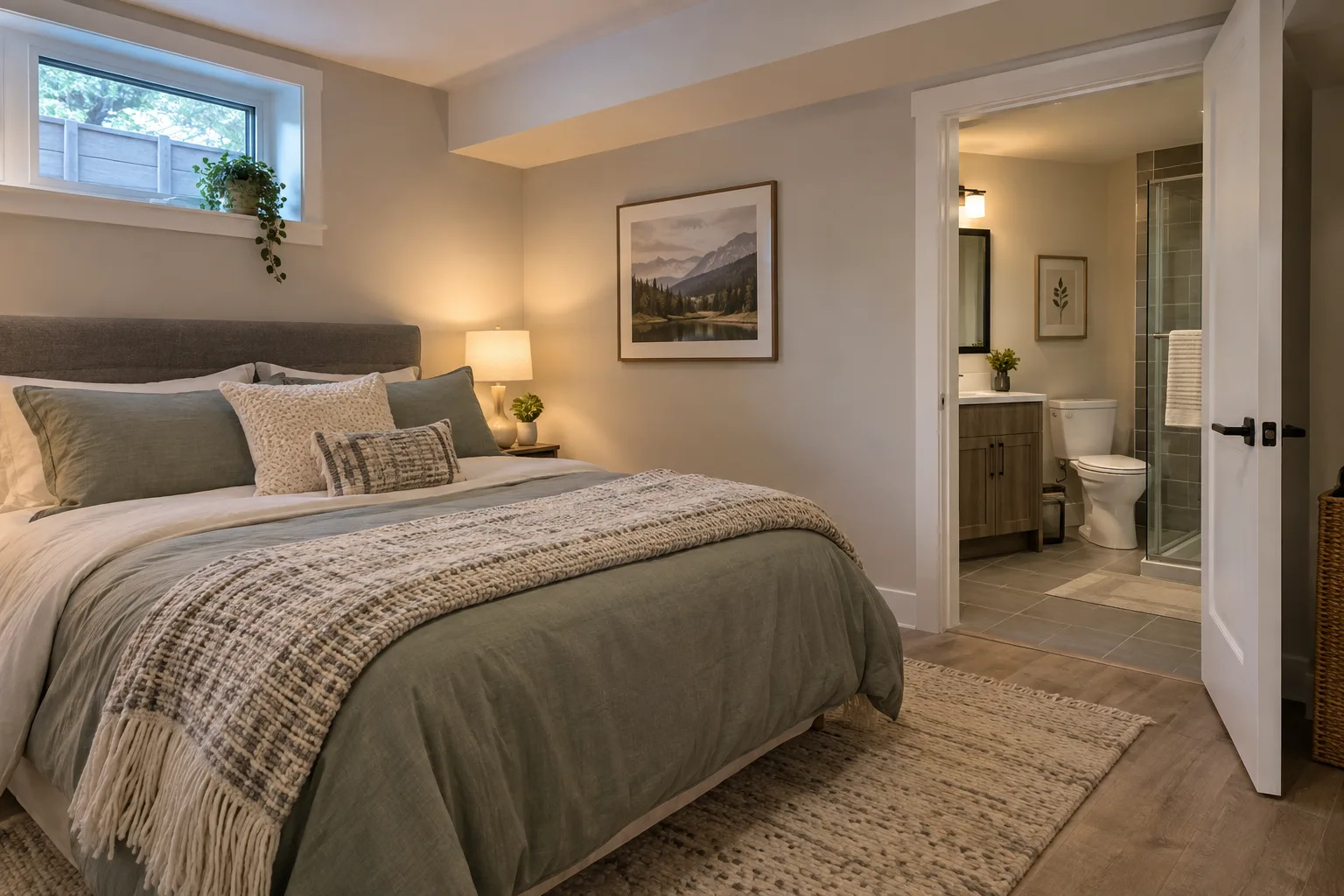 Illustrative finished basement bedroom and bathroom