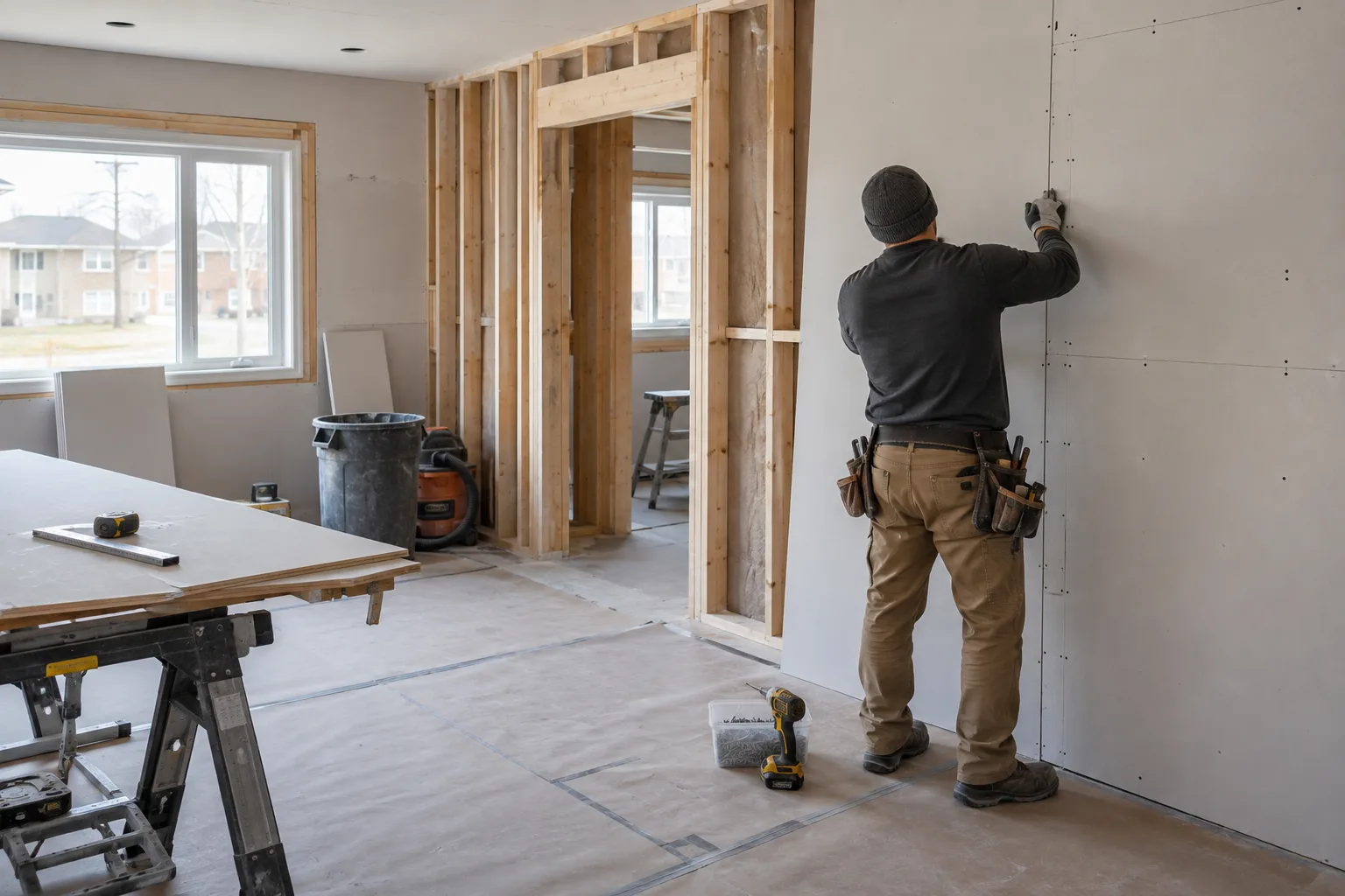 Illustrative residential framing and drywall work
