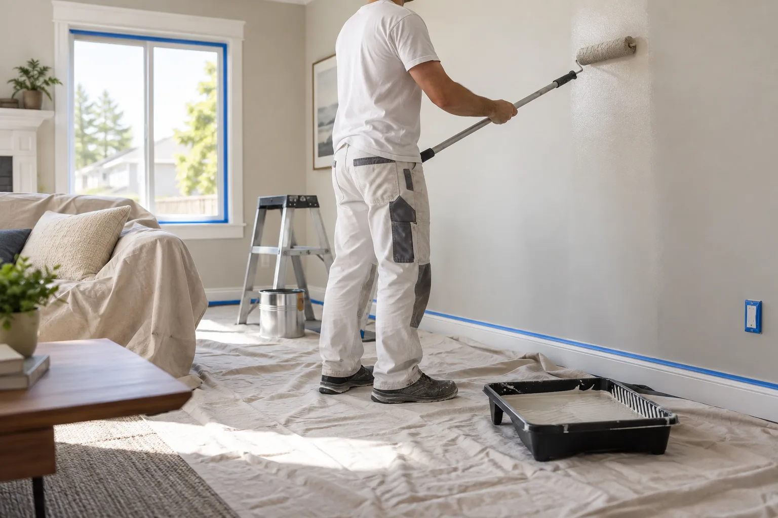 Illustrative painter carefully rolling an interior wall