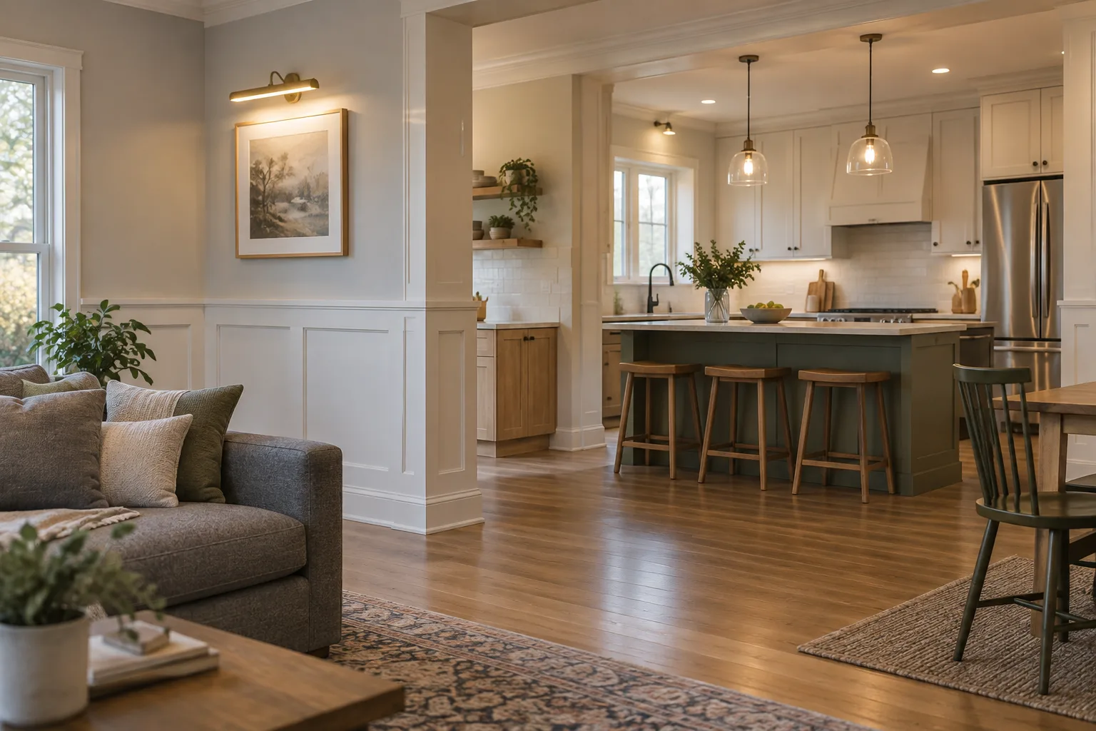 Illustrative renovated interior with trim and lighting