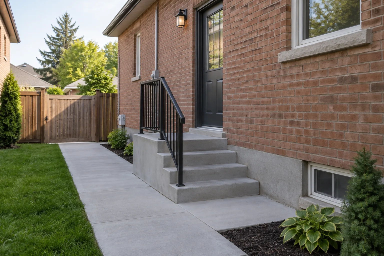 Illustrative side door with concrete steps and walkway